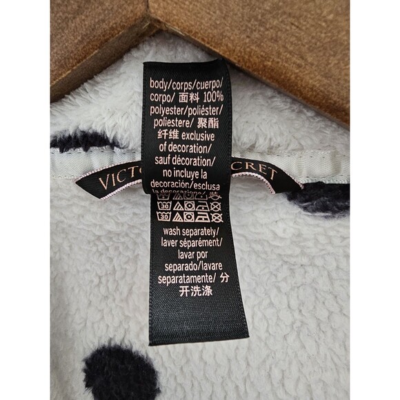 Victorias Secret robe polka dot plush fleece white black Womens XS S belt flaws - Picture 7 of 8